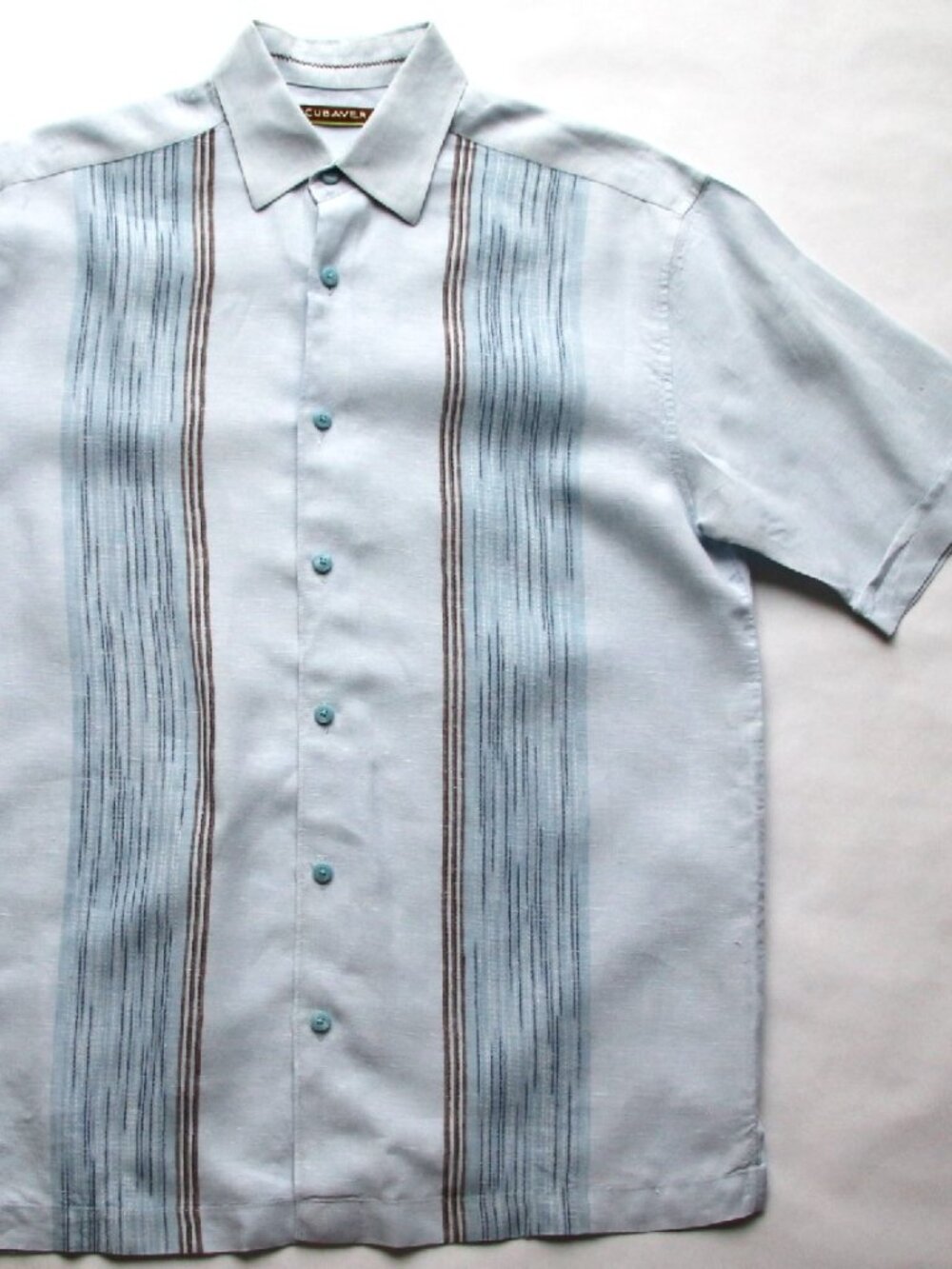 CUBAVERA Powder Blue 99% Linen - SS - Size M Cabana Shirt - Brown Embroidery